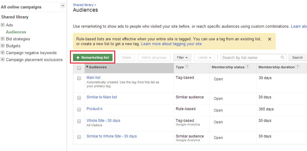 Google Adwords new remarketing list