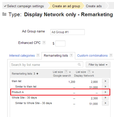 Google Adwords remarketing list selection